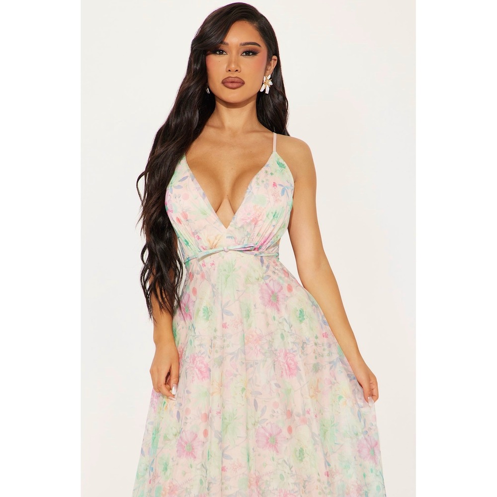 Floral Chiffon Prom Gown Maxi Flowing Pastel Print Romantic Party Gala Sold Out - Picture 3 of 3